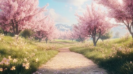 Naklejka premium Serene pathway through blooming cherry blossom trees in a sunny spring landscape