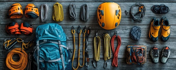 Outdoor climbing gear layout with helmet, backpack, carabiners, ropes, and boots on wooden surface