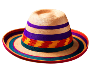 a vibrant, wide-brimmed hat made from straw. The hat is adorned with colorful horizontal bands in bold shades of purple, red, yellow, and green, creating a lively and festive appearance.