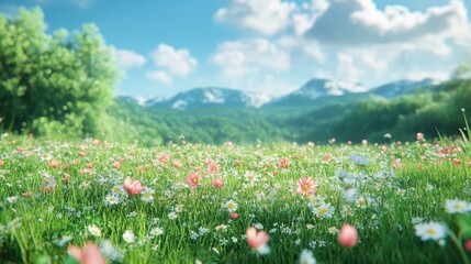 Obraz premium Vibrant spring meadow with colorful wildflowers and snowy mountains under a blue sky