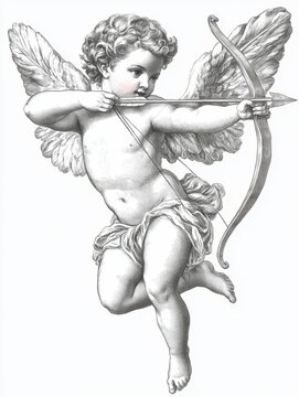 vintage romantic illustration of a cherub or cupid with bow and arrow isolated on a transparent background, generative ai