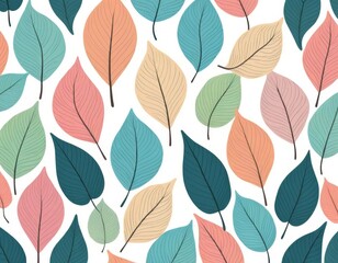 Fototapeta premium Pastel Leaves Seamless Pattern: Elegant Botanical Illustration with Soft Colors and Delicate Lines for Fashion, Textile, and Wallpaper Design