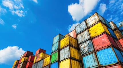 Fototapeta premium Colorful Stacked Cargo Containers Under Blue Sky Vivid Shipping Industry Scene