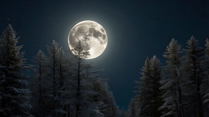 Fototapeta premium A stunning full moon rising in a clear night sky, casting a silver glow over a serene forest landscape, representing the mystical 'wolf moon' in January,Generative Ai