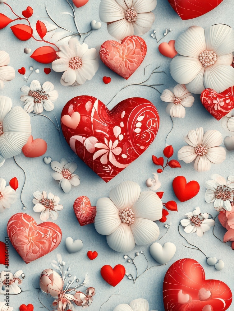 Poster seamless festive design pattern for valentine's day with hearts and floral elements. delicate theme 