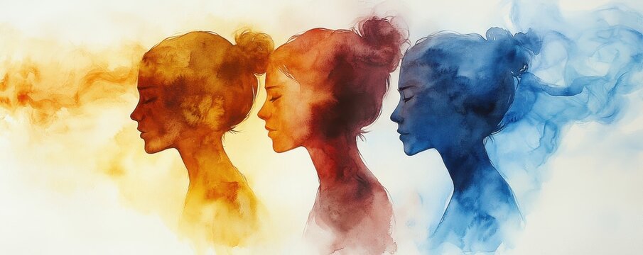 Watercolor silhouettes of three women in warm and cool tones