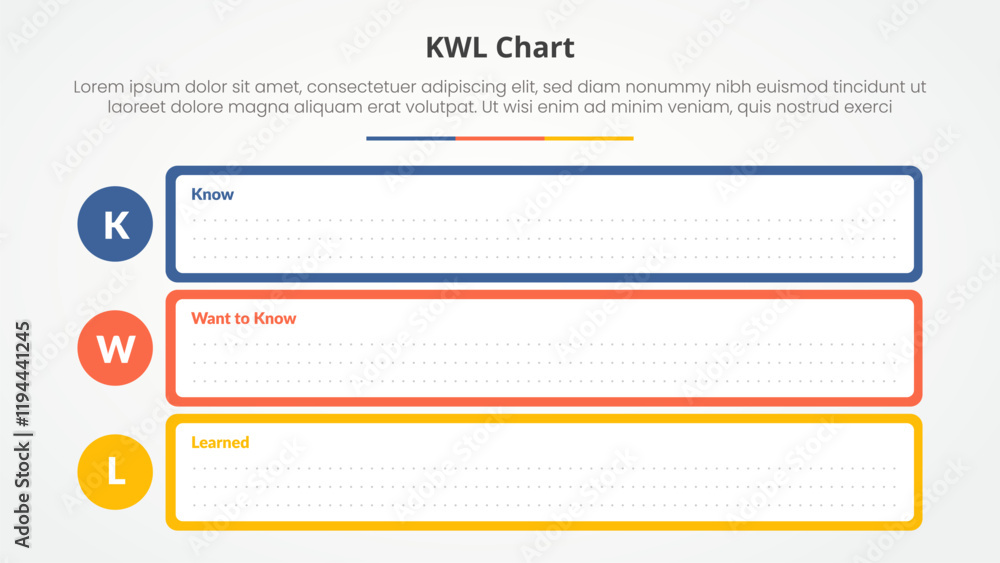 Poster kwl table chart theme concept for slide presentation with outline long rectangle box and circle on e