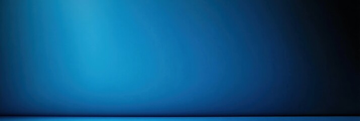 Panoramic abstract blue wall background for product presentation with sunlight and blurred shadows wall. Podium studio background