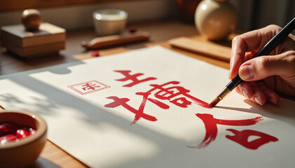 Obraz premium Artful calligraphy in serene study setting, Lunar New Year celebration