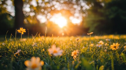 Fototapeta premium Golden flowers sway gently in a vibrant spring meadow, illuminated by a warm afternoon sun. This captivating landscape exudes tranquility and the beauty of nature's awakening