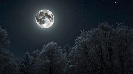 Fototapeta premium A stunning full moon rising in a clear night sky, casting a silver glow over a serene forest landscape, representing the mystical 'wolf moon' in January,Generative Ai