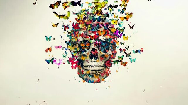 Skull adorned with vibrant butterflies in a colorful and surreal Dia de los Muertos themed artwork Day of the Dead. AI