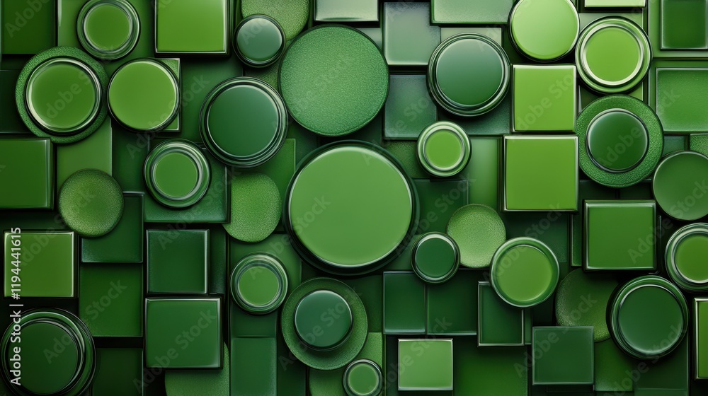 Poster abstract green geometric shapes with circles and squares pattern