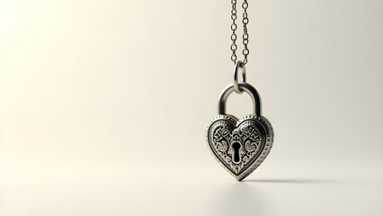A heart-shaped lock hanging on a chain against a neutral background