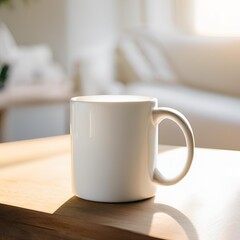 Blank white mug close up mockup on kitchen blur background.