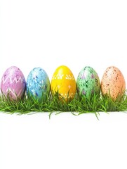 Fototapeta premium Easter eggs in a row with green grass isolated on a white background