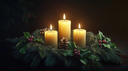 Glowing candles with holly and pine cones in christmas decoration