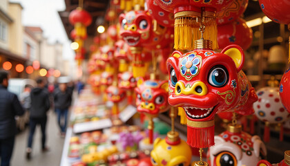 Vibrant zodiac animal decorations at bustling market stall, Lunar New Year