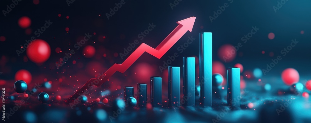 Poster rising bar graph with red arrow and vibrant spheres in futuristic setting