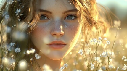 Fototapeta premium Young woman with freckles surrounded by sunlit flowers in a field