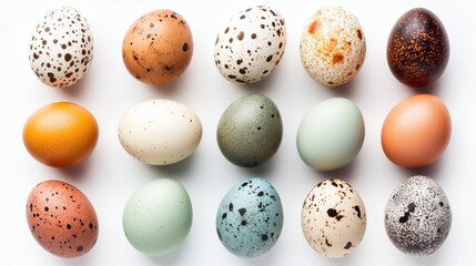 Obraz premium Colored eggs flat lay on a white background. Easter and spring composition.
