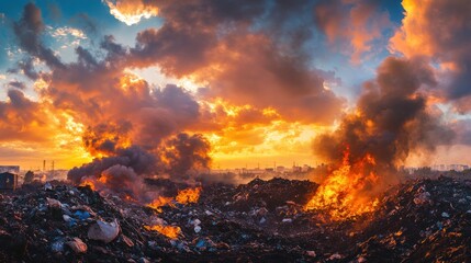Naklejka premium Flames raging through an industrial waste pile, with smoke rising into a vivid sunset sky, creating a dramatic and vibrant scene