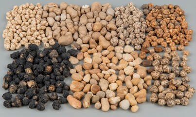 Fototapeta premium Assorted small stones, pebbles, gray background, studio shot, gardening