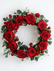 A circular wreath of red roses with green leaves and buds against a white background.