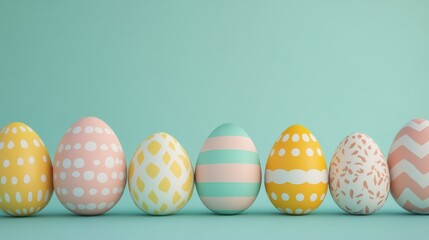 Fototapeta premium 3D Illustration. Easter eggs with different patterns on pastel color isolated background. Happy Easter concept.