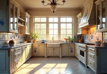 Stylish Kitchen Design with Glossy Floral Accents: Warm Light Streaming Through Large Windows for a Timeless Appeal
