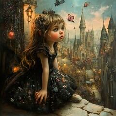 Fototapeta premium Little Girl in a Fairytale City at Night