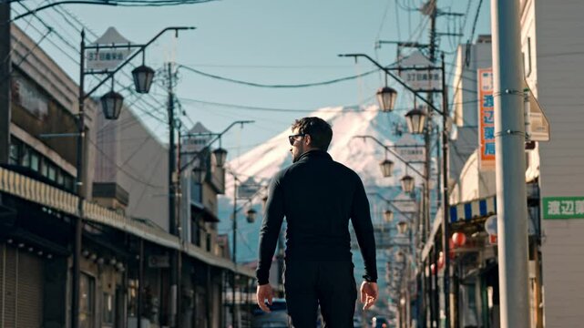 This video clip captures a man walking through Honcho Street in Shizuoka City, with the stunning, snow-covered Mount Fuji looming in the background.