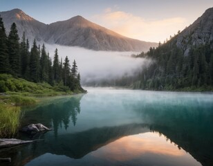 Serene Sunrise over Misty Mountain Lake: Breathtaking Reflection of Peaks and Clouds in Calm Water