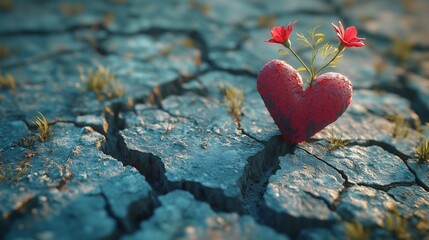 Fototapeta premium Beauty in Brokenness: A Flower Growing from a Cracked Heart, Symbolizing Healing