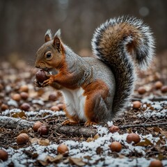 Fototapeta premium Focus on a squirrel gathering acorns for winter.