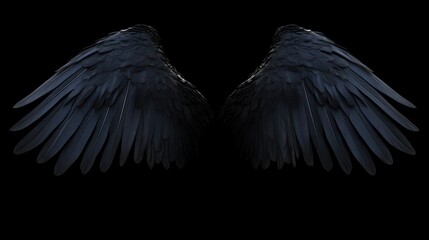 Dark feathered angel wings on black background