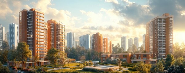 Modern high-rise residential buildings in urban landscape at sunset