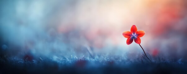A single red flower stands out against a blurred, cool-toned background, creating a serene and captivating atmosphere