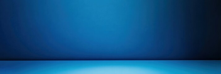 Fototapeta premium Panoramic abstract blue wall background for product presentation with sunlight and blurred shadows wall. Podium studio background
