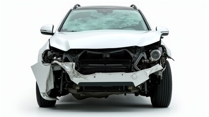 Front View of a Heavily Damaged Car With Extensive Damage to the Front Bumper, Grille, and Headlights, Exposing Internal Mechanical Components.