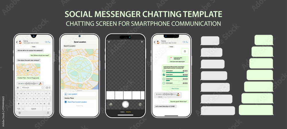 Poster modern smartphone messenger ui template: social communication app design for chat and messaging.chat