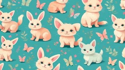 Charming pattern of adorable baby animals with soft colors and playful butterflies in a vibrant design