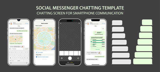 Modern Smartphone Messenger UI Template: Social Communication App Design for Chat and Messaging.Chat App in Smart Mobile Phone Template. Modern Realistic Cellphone. Vector.