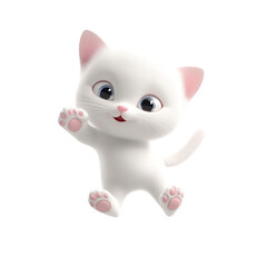 Obraz premium Playful White Kitten: An adorable 3D-rendered white kitten with pink paws and ears playfully reaches out, embodying cuteness and cheerfulness.