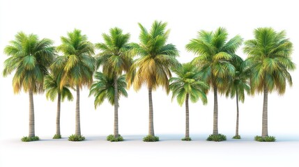 Obraz premium Lush tropical palm trees standing in a row against a bright white background, ideal for nature themes