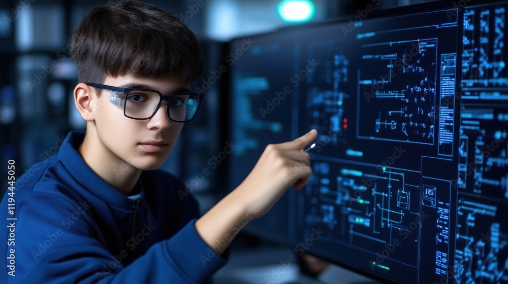 Poster young individual wearing glasses is intensely focused on a computer screen displaying intricate codi