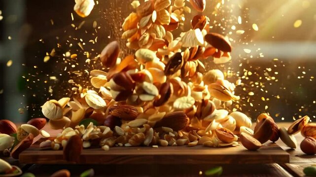 Levitating Assorted Nuts and Seeds on a Rustic Wooden Tray, Illuminated by Subtle Backlight