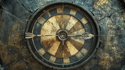 Obraz premium Precision and success take aim with darts piercing the bullseye on a metallic target, symbolizing pinpoint accuracy and triumphant achievement. 