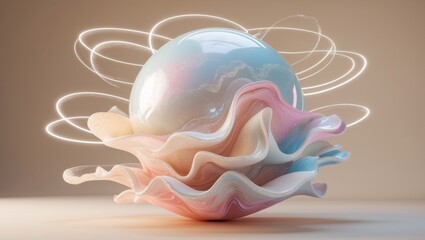 Vibrant abstract design showcasing a luminous orb nestled within flowing sculptural forms illuminated by soft circular light patterns