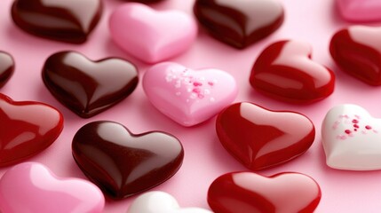 Fototapeta premium Multiple heart-shaped candies in shades of red and pink scattered on a soft pink background, creating a festive Valentine's Day vibe